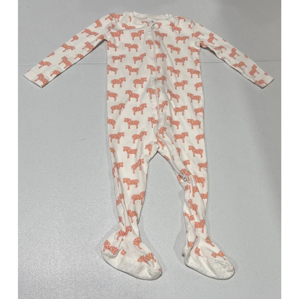 Primary Zebra Print Footie Full Zip Snug Fit 9-12 M Organic Cotton White Orange